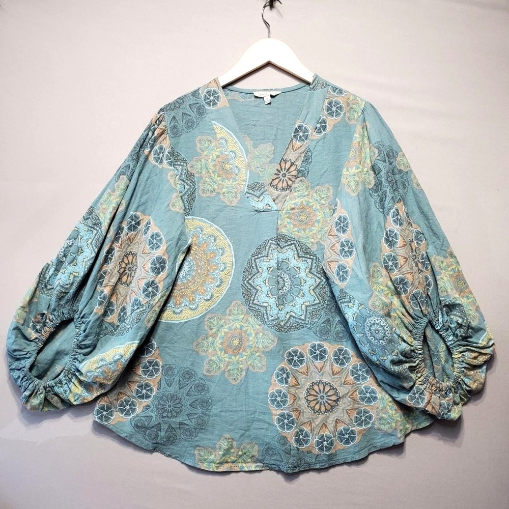 Camille & Co 100% Linen Boho Top Womens XL Blue Balloon Sleeve Italy Y2K Blouse